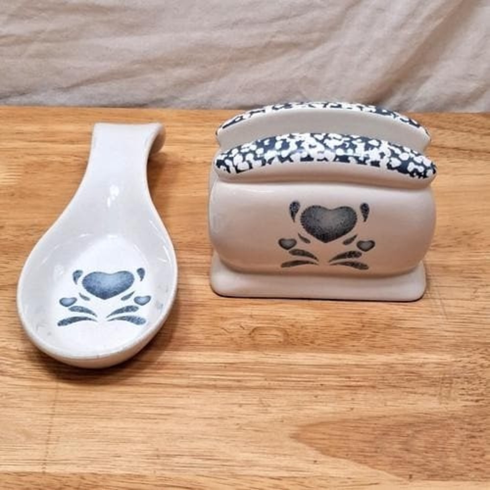 Corelle / Jay Imports Blue Hearts Napkin Holder & Spoon Rest Cottagecore Granny